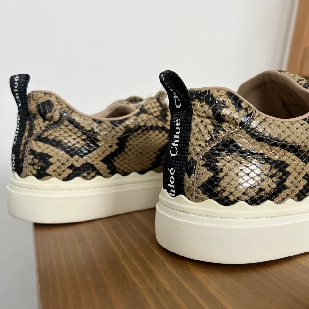 Chloe Lauren Snakeskin Embossed Leather Scalloped Low Top Sneakers Brown 38 - Picture 5 of 11